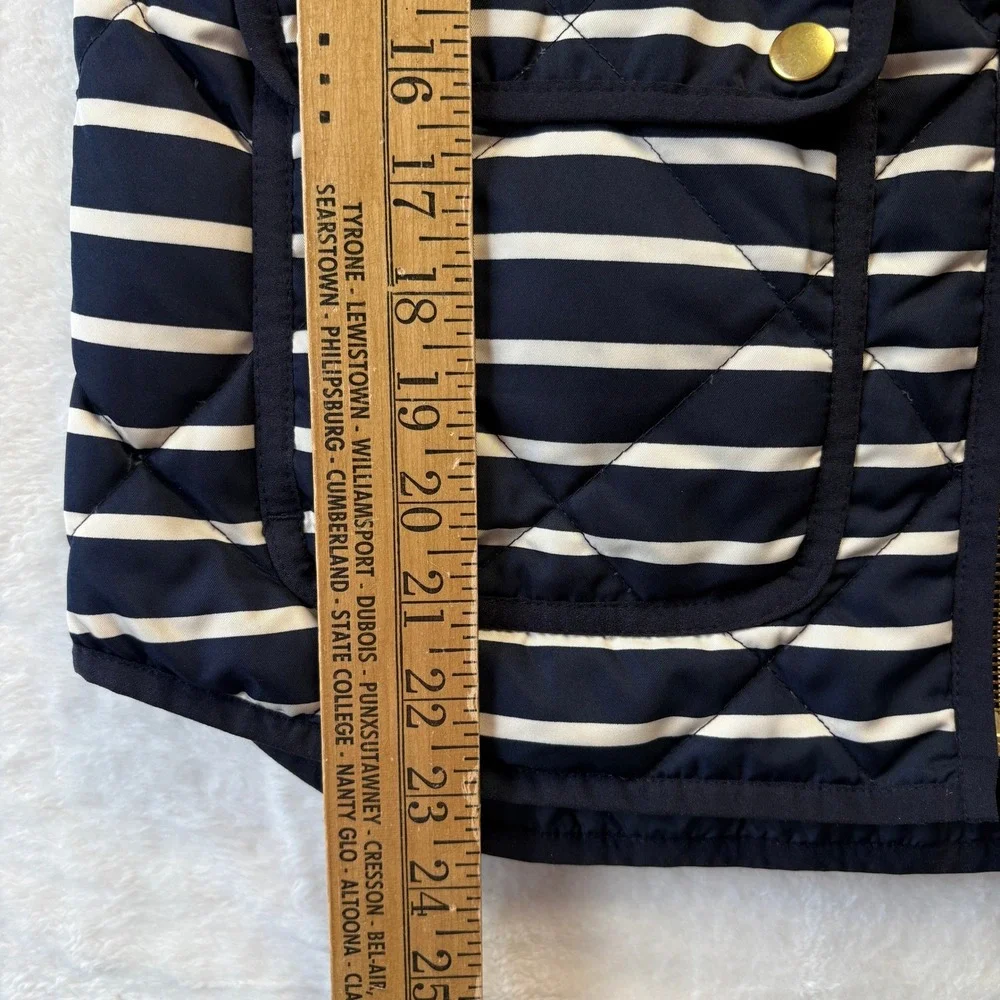 J. Crew Quilted Striped Vest Women Sz Small Navy White Puffer‎ Gilet Gold Zipper
